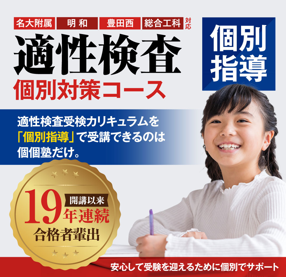 適性検査個別対策コース。専門カリキュラムを個別指導で受講できるのは個個塾なごやだけ。